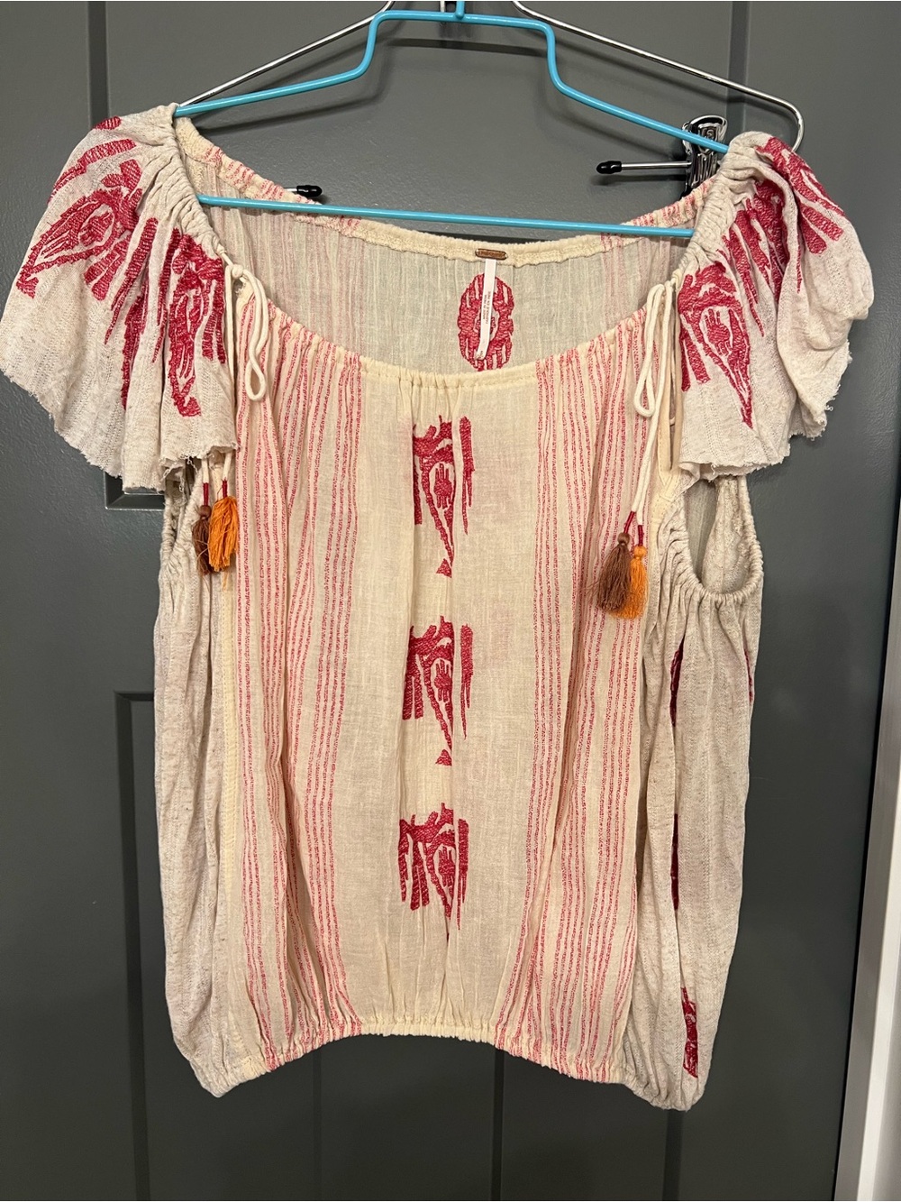 Free People Pukka Tee embroidered Cream  and pink Peasant Top with tassels